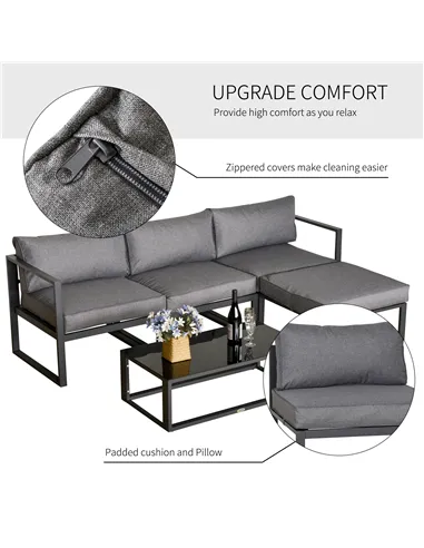 Outsunny 5 Pieces Outdoor Patio Furniture Set, Sofa Couch with Glass Coffee Table, Cushioned Chairs and Aluminum Tube, for Balco