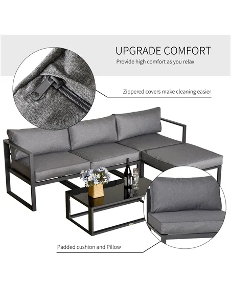 Outsunny 5 Pieces Outdoor Patio Furniture Set, Sofa Couch with Glass Coffee Table, Cushioned Chairs and Aluminum Tube, for Balco