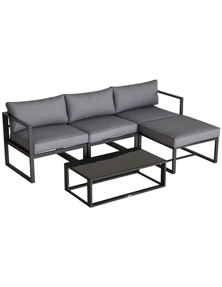 Outsunny 5 Pieces Outdoor Patio Furniture Set, Sofa Couch with Glass Coffee Table, Cushioned Chairs and Aluminum Tube, for Balco