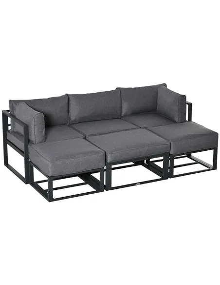 Outsunny Garden Daybed, 6 Piece Outdoor Sectional Sofa Set, Aluminum Patio Conversation Furniture Set with Coffee Table, Footsto