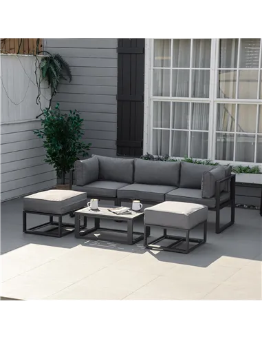 Outsunny Garden Daybed, 6 Piece Outdoor Sectional Sofa Set, Aluminum Patio Conversation Furniture Set with Coffee Table, Footsto