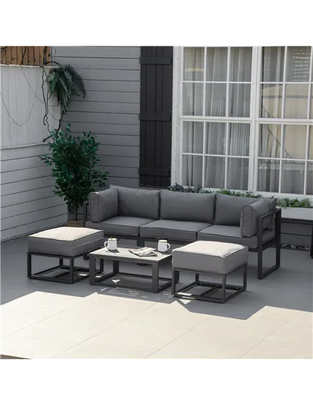 Outsunny Garden Daybed, 6 Piece Outdoor Sectional Sofa Set, Aluminum Patio Conversation Furniture Set with Coffee Table, Footsto