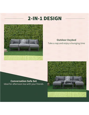 Outsunny Garden Daybed, 6 Piece Outdoor Sectional Sofa Set, Aluminum Patio Conversation Furniture Set with Coffee Table, Footsto