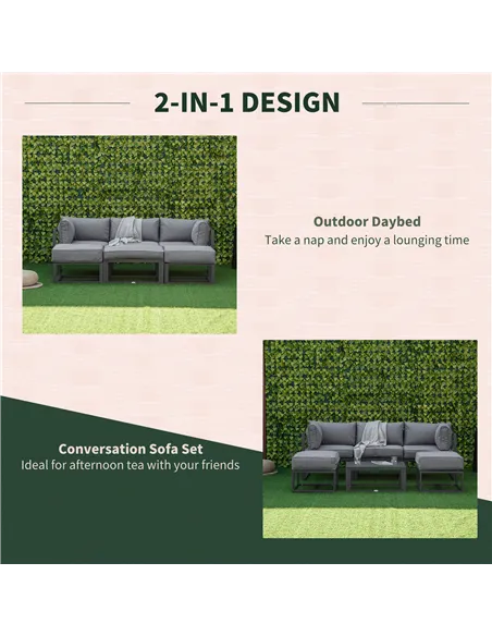 Outsunny Garden Daybed, 6 Piece Outdoor Sectional Sofa Set, Aluminum Patio Conversation Furniture Set with Coffee Table, Footsto