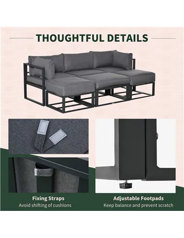 Outsunny Garden Daybed, 6 Piece Outdoor Sectional Sofa Set, Aluminum Patio Conversation Furniture Set with Coffee Table, Footsto