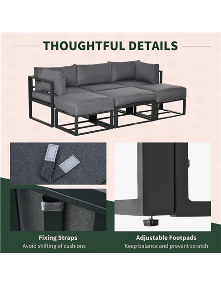 Outsunny Garden Daybed, 6 Piece Outdoor Sectional Sofa Set, Aluminum Patio Conversation Furniture Set with Coffee Table, Footsto