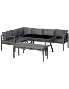 Outsunny 4 Piece L-shaped Garden Furniture Set 8-Seater Aluminium Outdoor Dining Set Conversation Sofa Set w/ Bench, Dining Tabl