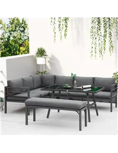 Outsunny 4 Piece L-shaped Garden Furniture Set 8-Seater Aluminium Outdoor Dining Set Conversation Sofa Set w/ Bench, Dining Tabl 2