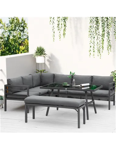 Outsunny 4 Piece L-shaped Garden Furniture Set 8-Seater Aluminium Outdoor Dining Set Conversation Sofa Set w/ Bench, Dining Tabl