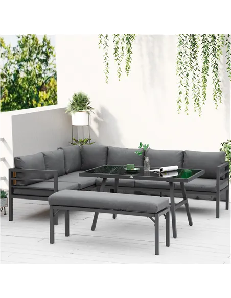 Outsunny 4 Piece L-shaped Garden Furniture Set 8-Seater Aluminium Outdoor Dining Set Conversation Sofa Set w/ Bench, Dining Tabl