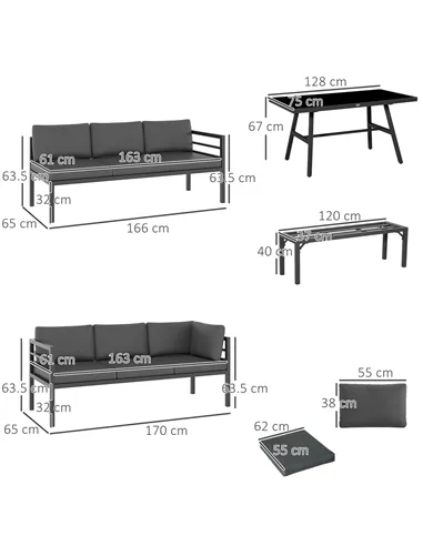 Outsunny 4 Piece L-shaped Garden Furniture Set 8-Seater Aluminium Outdoor Dining Set Conversation Sofa Set w/ Bench, Dining Tabl