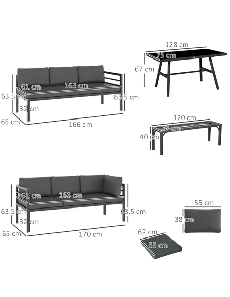 Outsunny 4 Piece L-shaped Garden Furniture Set 8-Seater Aluminium Outdoor Dining Set Conversation Sofa Set w/ Bench, Dining Tabl
