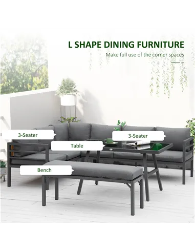 Outsunny 4 Piece L-shaped Garden Furniture Set 8-Seater Aluminium Outdoor Dining Set Conversation Sofa Set w/ Bench, Dining Tabl