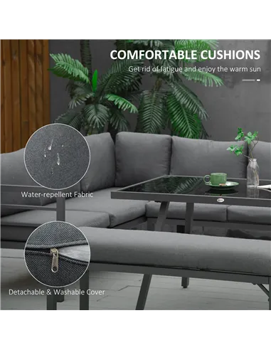 Outsunny 4 Piece L-shaped Garden Furniture Set 8-Seater Aluminium Outdoor Dining Set Conversation Sofa Set w/ Bench, Dining Tabl