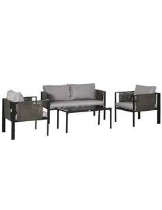 Outsunny 4 Piece Metal Garden Furniture Set with Tempered Glass Coffee Table, Texteline Pocket, Outdoor Set Loveseat Single Armc