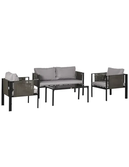 Outsunny 4 Piece Metal Garden Furniture Set with Tempered Glass Coffee Table, Texteline Pocket, Outdoor Set Loveseat Single Armc