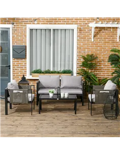 Outsunny 4 Piece Metal Garden Furniture Set with Tempered Glass Coffee Table, Texteline Pocket, Outdoor Set Loveseat Single Armc 2