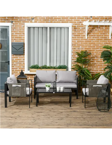 Outsunny 4 Piece Metal Garden Furniture Set with Tempered Glass Coffee Table, Texteline Pocket, Outdoor Set Loveseat Single Armc