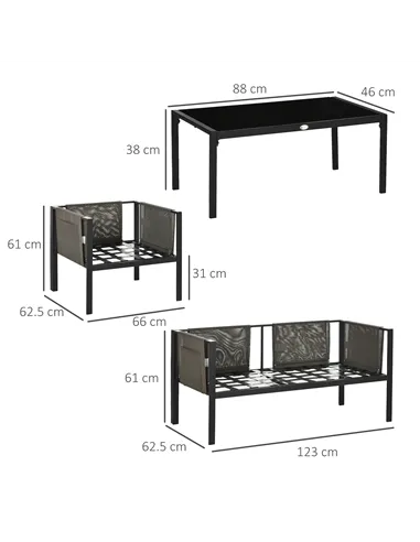 Outsunny 4 Piece Metal Garden Furniture Set with Tempered Glass Coffee Table, Texteline Pocket, Outdoor Set Loveseat Single Armc