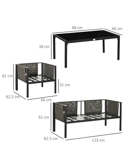Outsunny 4 Piece Metal Garden Furniture Set with Tempered Glass Coffee Table, Texteline Pocket, Outdoor Set Loveseat Single Armc