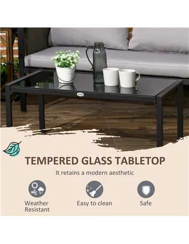 Outsunny 4 Piece Metal Garden Furniture Set with Tempered Glass Coffee Table, Texteline Pocket, Outdoor Set Loveseat Single Armc