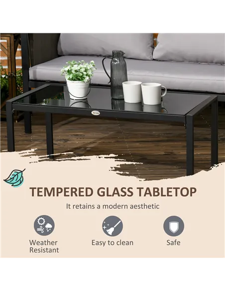 Outsunny 4 Piece Metal Garden Furniture Set with Tempered Glass Coffee Table, Texteline Pocket, Outdoor Set Loveseat Single Armc
