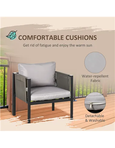 Outsunny 4 Piece Metal Garden Furniture Set with Tempered Glass Coffee Table, Texteline Pocket, Outdoor Set Loveseat Single Armc
