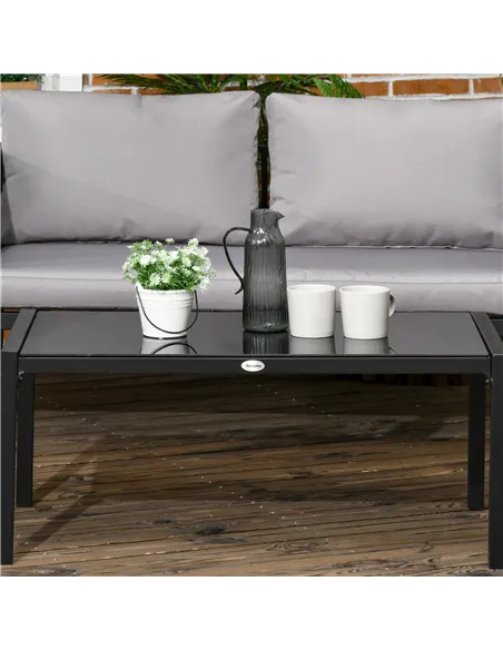 Outsunny 4 Piece Metal Garden Furniture Set with Tempered Glass Coffee Table, Texteline Pocket, Outdoor Set Loveseat Single Armc