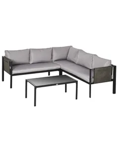 Outsunny 5 Seater Garden Corner Sofa Set, 4 Pieces Metal Garden Furniture Set with Loveseats, Glass Top Coffee Table, Breathable