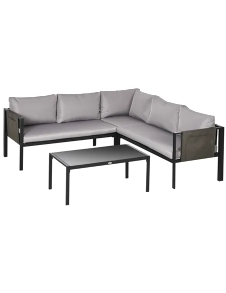 Outsunny 5 Seater Garden Corner Sofa Set, 4 Pieces Metal Garden Furniture Set with Loveseats, Glass Top Coffee Table, Breathable