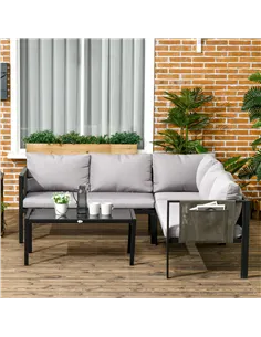 Outsunny 5 Seater Garden Corner Sofa Set, 4 Pieces Metal Garden Furniture Set with Loveseats, Glass Top Coffee Table, Breathable 2