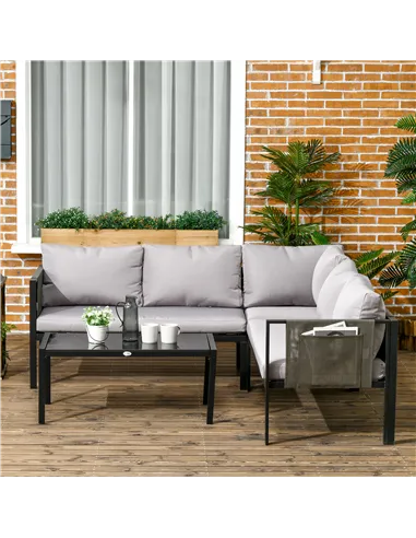 Outsunny 5 Seater Garden Corner Sofa Set, 4 Pieces Metal Garden Furniture Set with Loveseats, Glass Top Coffee Table, Breathable