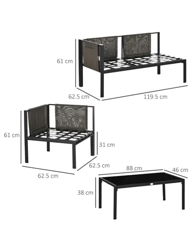 Outsunny 5 Seater Garden Corner Sofa Set, 4 Pieces Metal Garden Furniture Set with Loveseats, Glass Top Coffee Table, Breathable