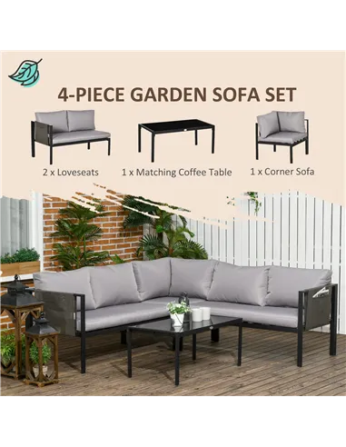 Outsunny 5 Seater Garden Corner Sofa Set, 4 Pieces Metal Garden Furniture Set with Loveseats, Glass Top Coffee Table, Breathable