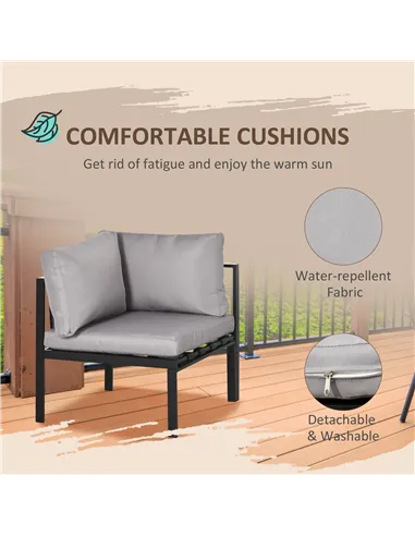 Outsunny 5 Seater Garden Corner Sofa Set, 4 Pieces Metal Garden Furniture Set with Loveseats, Glass Top Coffee Table, Breathable