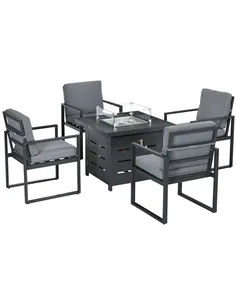 Outsunny 5-Piece Aluminium Garden Furniture Sets, 4 Seater Outdoor Conversational Dining Set with Gas Fire Pit Table Cushions fo