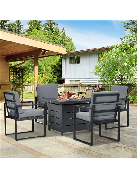 Outsunny 5-Piece Aluminium Garden Furniture Sets, 4 Seater Outdoor Conversational Dining Set with Gas Fire Pit Table Cushions fo
