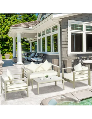 Outsunny 4 Pieces Outdoor Garden Furniture Set, Aluminium Frame Backyard Furniture w/ Thick Padded Cushioned Loveseat, 2 Chairs,