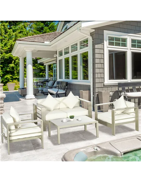 Outsunny 4 Pieces Outdoor Garden Furniture Set, Aluminium Frame Backyard Furniture w/ Thick Padded Cushioned Loveseat, 2 Chairs,