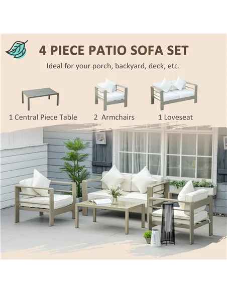 Outsunny 4 Pieces Outdoor Garden Furniture Set, Aluminium Frame Backyard Furniture w/ Thick Padded Cushioned Loveseat, 2 Chairs,