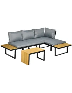 Outsunny 3 Pieces Patio Furniture Set, Outdoor Garden Sofa Conversation Set w/ Padded Cushions, Wood Grain Plastic Top Table and