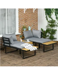 Outsunny 3 Pieces Patio Furniture Set, Outdoor Garden Sofa Conversation Set w/ Padded Cushions, Wood Grain Plastic Top Table and 2