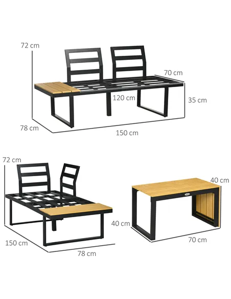 Outsunny 3 Pieces Patio Furniture Set, Outdoor Garden Sofa Conversation Set w/ Padded Cushions, Wood Grain Plastic Top Table and