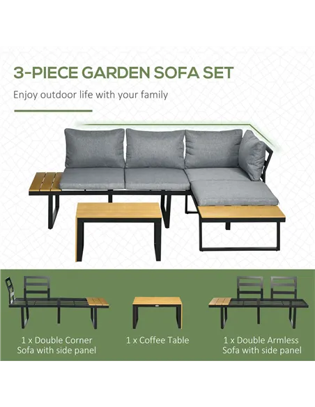 Outsunny 3 Pieces Patio Furniture Set, Outdoor Garden Sofa Conversation Set w/ Padded Cushions, Wood Grain Plastic Top Table and