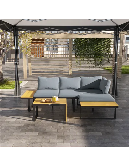 Outsunny 3 Pieces Patio Furniture Set, Outdoor Garden Sofa Conversation Set w/ Padded Cushions, Wood Grain Plastic Top Table and