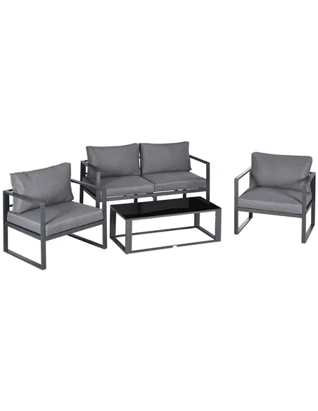 Outsunny 4 Pieces Garden Sofa Set 2 Single Armchair 1 Bench & Side Table Set Aluminium Frame Patio Furniture with Cushions Grey