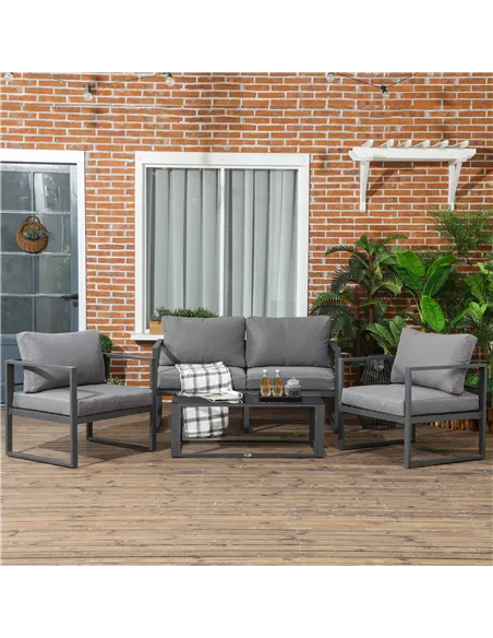 Outsunny 4 Pieces Garden Sofa Set 2 Single Armchair 1 Bench & Side Table Set Aluminium Frame Patio Furniture with Cushions Grey
