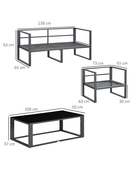 Outsunny 4 Pieces Garden Sofa Set 2 Single Armchair 1 Bench & Side Table Set Aluminium Frame Patio Furniture with Cushions Grey