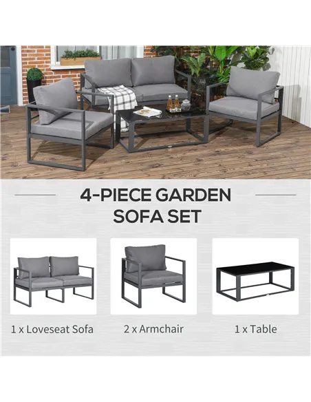 Outsunny 4 Pieces Garden Sofa Set 2 Single Armchair 1 Bench & Side Table Set Aluminium Frame Patio Furniture with Cushions Grey