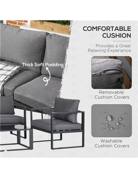 Outsunny 4 Pieces Garden Sofa Set 2 Single Armchair 1 Bench & Side Table Set Aluminium Frame Patio Furniture with Cushions Grey